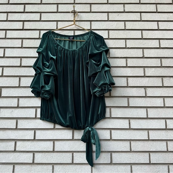 MSK 1X Emerald Velvet Off Shoulder Lantern Sleeve Top Holiday Glam Romantic - Picture 2 of 11